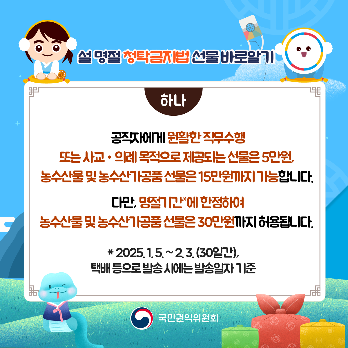 '설 명절 청탁금지법 안내 - 선물 바로 알기 카드뉴스' 게시글의 사진(2) '설명절-청탁금지법_02.png'